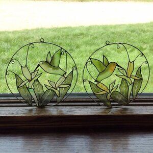 Vintage Set Of Capiz Shell & Metal Hummingbird Flower Window Suncatcher 6"